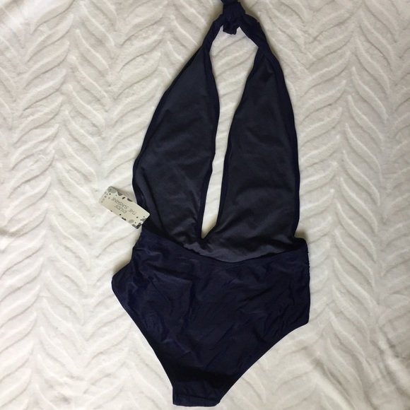 🛍 One-piece Navy Swimsuit Deep V Blue Tie - Picture 5 of 9